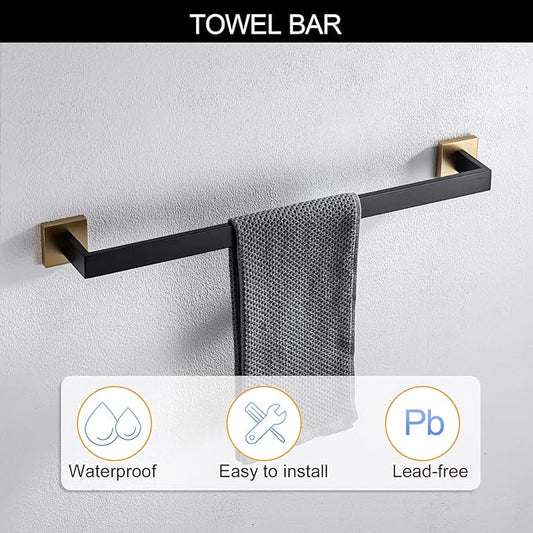 5 Pieces Bathroom Hardware Set Black and Gold Towel Bar Set, Toilet Paper Holder with Shelf, Towel Holder Set in Bathroom, Wall Mounted Stainless Steel, 23.6 Inches