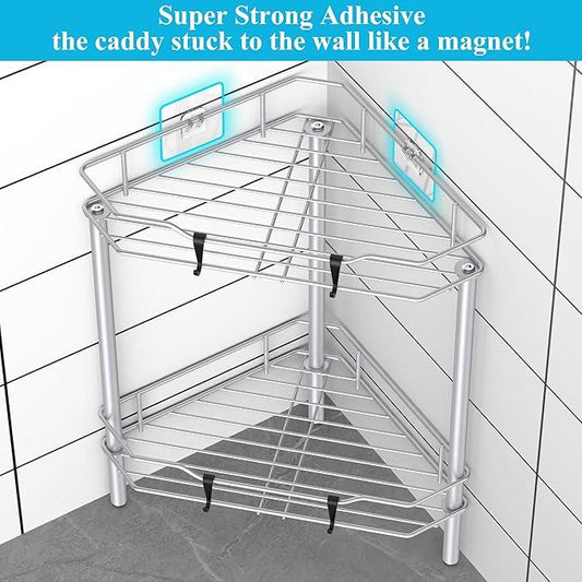 2 Tier Floor Standing Corner Shower Caddy Organizer Shelf with Hooks, Bathroom Shelves Stand Rack, Silver - ModernBath