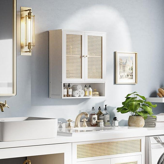 HITNET Bathroom Wall Cabinet, Rattan Medicine Cabinet, Bamboo Hanging Storage Organizer Over The Toilet with Adjustable Shelf for Living Room, Kitchen, Hallway(White) - ModernBath