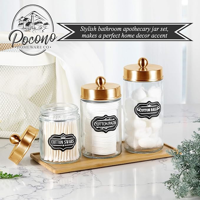 Apothecary Jars 3 Pack - Glass Bathroom Containers with Stainless Steel Lids - Rustic Farmhouse Decor Bathroom Accessories, Vanity Organizer Apothecary Jars for Qtip/Cotton Balls (Gold)