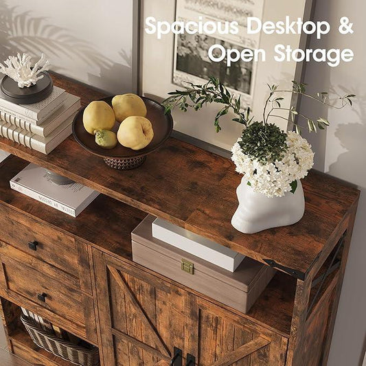 Fameill Farmhouse Storage Cabinet with Drawers and Open Storage,Freestanding Kitchen Pantry with 2 Barn Doors, Floor Cabinet with Adjustable Shelf for Living Room,Brown - ModernBath
