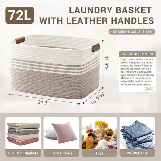 72L Large Laundry Basket with Leather Handles for Living Room Storage, Woven Rope Baskets Bin for Blanket, Kids Toy, Gifts, Wicker Hamper for Bedroom Dirty Clothes, 22"x17"x12" White Brown - ModernBath