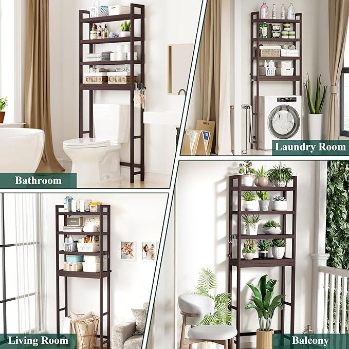 Smiry Over The Toilet Storage Cabinet, 4-Tier Bamboo Bathroom Organizers with Adjustable Shelf & 4 Hooks, Space Saving Shelf Rack for Bathrooms, Laundry Room, Balcony, Brown - ModernBath