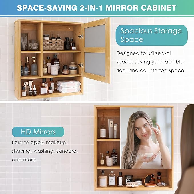 SMIBUY Bathroom Mirror Cabinet Wall Mounted, Bamboo Space Saver Medicine Cabinet, Wall Hanging Over Toilet Storage Cabinet with Mirror Door and Adjustable Shelf (Natural)