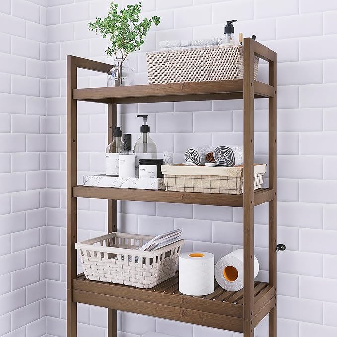 SMIBUY Bathroom Storage Shelf, Bamboo Over-The-Toilet Organizer Rack, Freestanding Toilet Space Saver with 3-Tier Adjustable Shelves (Walnut)