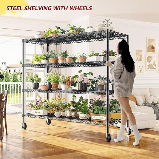 REIBII 55.5''W Heavy Duty Metal Shelves with Wheels - 4PCS Adjustable Garage Storage Rack, 75.6" H X 55.5''W X 24" D
