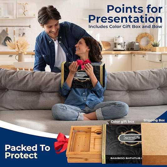 SereneLife Premium Foldable Bathtub Tray with Gift Box and Bow Set, Expandable Bath Tray, Unique House Warming Gifts, for Mom, Women, New Home, Wedding, Anniversary, Bridal Shower, Fit for All Tub