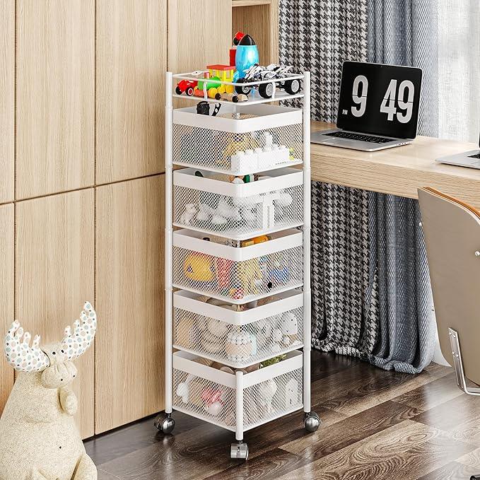 Fruit Basket for Kitchen No Assembly,Rotating Kitchen Storage Rack,Bathroom Shelf, Organizers and Storage Cart on Rolling Wheels,Potato and Onion Storage Organizer(White, 5 Tier-Square) - ModernBath