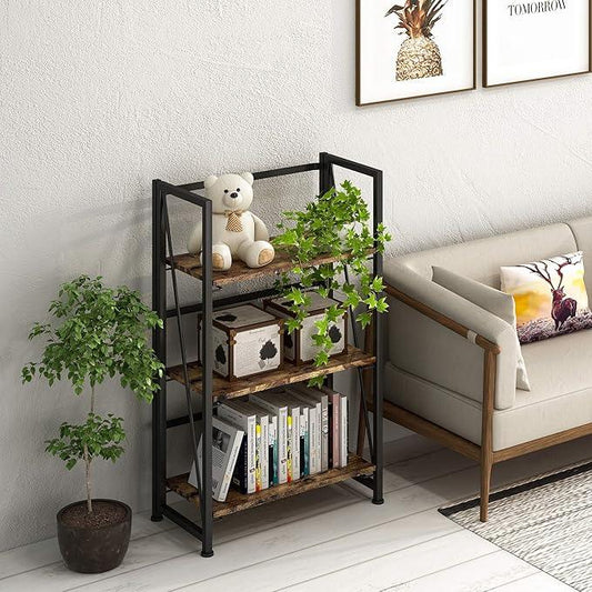 4NM No Assembly Folding Bookshelf Storage Shelves 3 Tiers Vintage Bookcase Standing Racks Study Organizer Home Office (Rustic Brown Black) - ModernBath