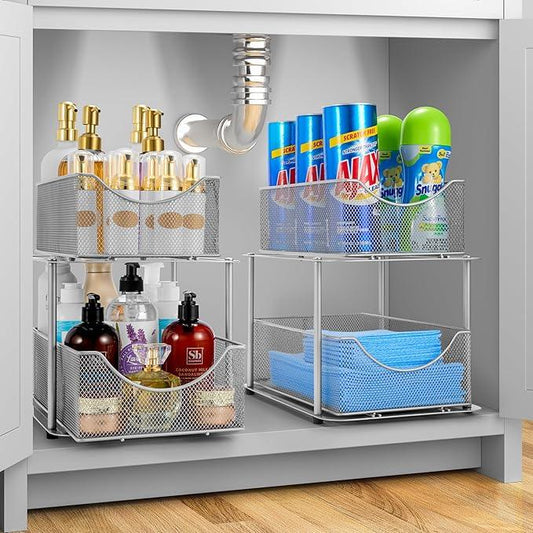 Sorbus 2 Sets of 2 Tier Metal Under Sink Organizer for Bathroom, Kitchen, Strong Steel Mesh Sliding Drawers for Under Sink, Under Cabinet, Closet, Kitchen, Pantry, Bathroom Organizers and Storage - ModernBath