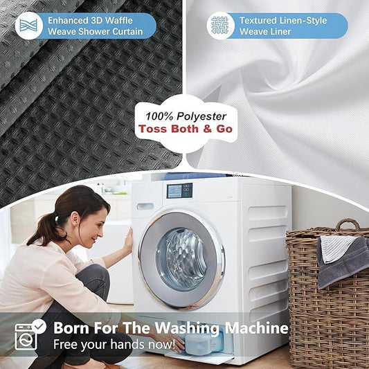 VANZAVANZU Luxury 3 in 1 Shower Curtain Set 3D Textured Waffle Weave Bathroom Curtain with Waterproof SGS Certified Fabric Liner & 12 Anti-Fall Stainless Steel Hooks, Machine Washable 72"x72" (Grey) - ModernBath