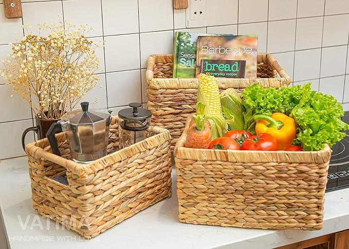 VATIMA Large Rectangular Wicker Basket with Wooden Handles for Shelves and Storage - Natural Water Hyacinth Basket for Organizing, 14.5 x 10.3 x 7.5 inches - ModernBath