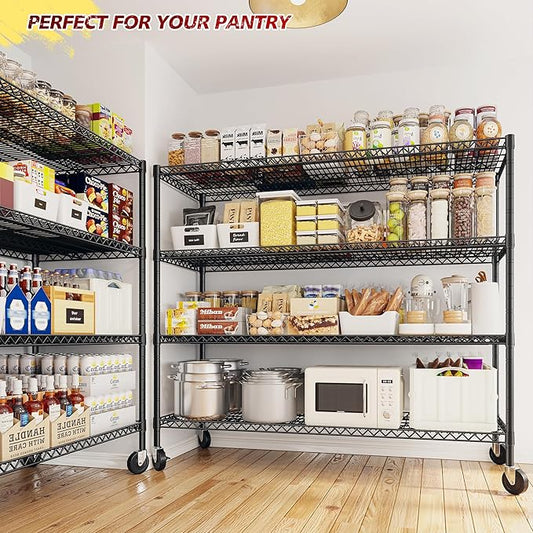 REIBII 55.5''W Storage Shelves 2500LBS Wire Shelving Rack with Wheels 75.6" H Heavy Duty Shelving Unit Adjustable Metal Shelves for Storage Rack Shelving for Kitchen Pantry 2PCS