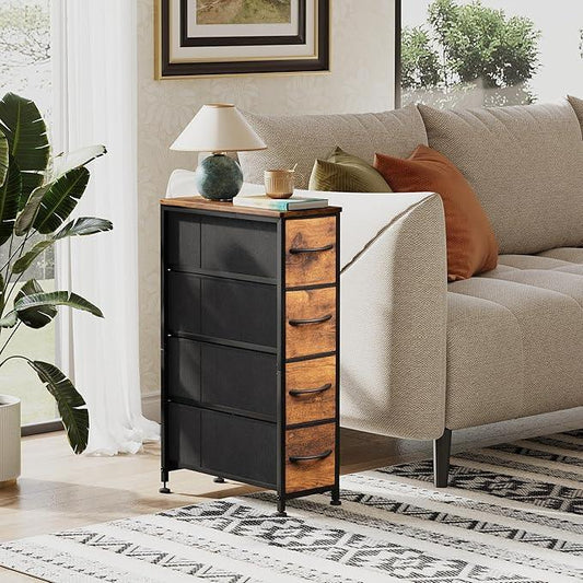 Narrow Dresser Storage Tower with 4 Drawers, Slim Dresser Chest of Drawers with Steel Frame, Wood Top, Dresser for Bedroom, Bathroom, Small Spaces, Laundry, Closet (Rustic Brown) - ModernBath