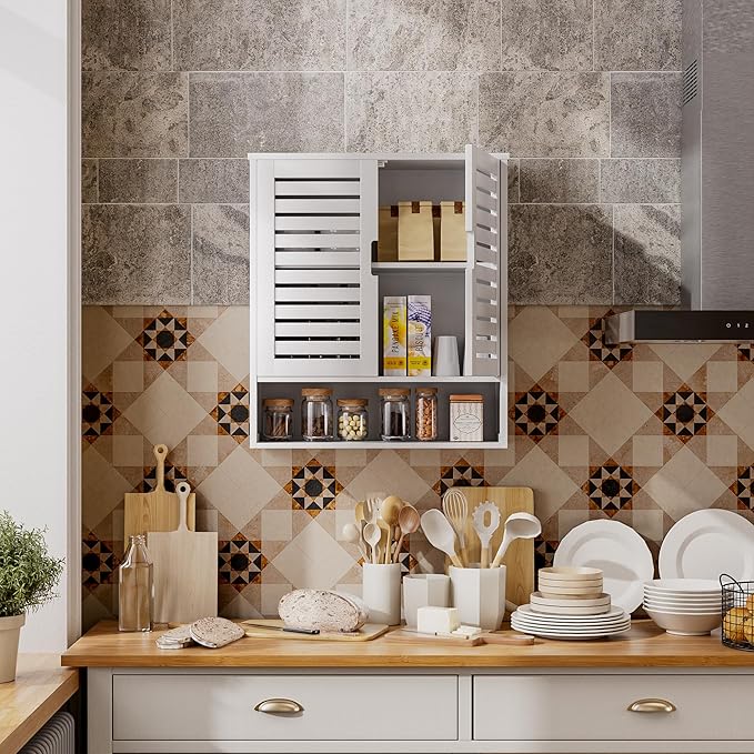 SMIBUY Bathroom Cabinet Wall Mounted, Bamboo Over-The-Toilet Storage Organizer, Space Saver Medicine Cabinet with 2 Door and Adjustable Shelves (White)