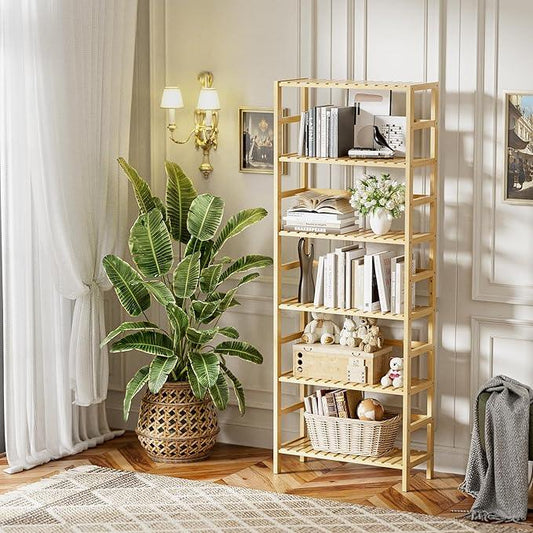HITNET Bamboo Shelf, 6-Tier Adjustable Tall Open Bookcase, Bathroom Storage Rack Freestanding Shelving Unit, Plant Display Stand for Small Space, Natural - ModernBath