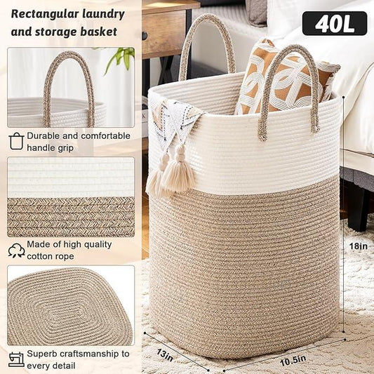 Laundry Basket,Woven Cotton Rope Laundry Hamper,Versatile Storage for Dirty Clothes,Baby Toys,and Blankets in Bathroom, Nursery,and Living Room (Brown, 40L) - ModernBath