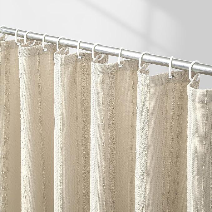 Lameirose Beige Shower Curtain Boho, 72 x 72 Cotton Blend Waffle Weave Stripe Textured Heavy Duty, Fabric Shower Curtain for Bathroom, Hotel, Washable - ModernBath