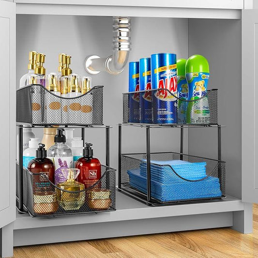 Sorbus 2 Tier Metal Under Sink Organizer for Bathroom, Kitchen, Strong Steel Mesh Sliding Drawers for Under Sink, Under Cabinet, Closet, Kitchen, Pantry, Bathroom Organizers and Storage (Black) - ModernBath