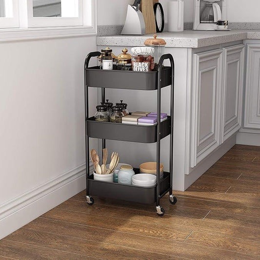 3-Tier Rolling Utility Cart with Caster Wheels,Easy Assembly, for Kitchen, Bathroom (Black) - ModernBath