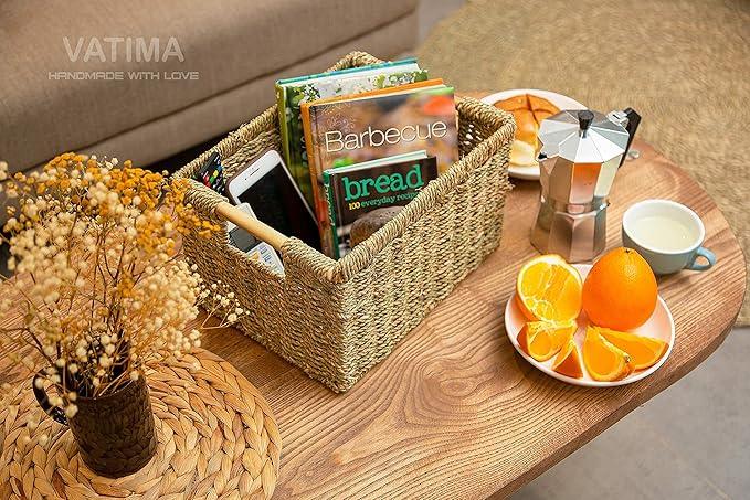 Small Wicker Baskets for Organizing Bathroom, Seagrass Baskets for Storage, Wicker Storage Basket with Wooden Handle, Decorative Small Organizing Basket 10.3 x 7.7 x 6.3 inches - 3 Pack - ModernBath