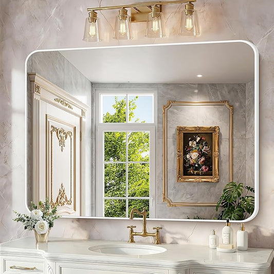 BONEWEI White Bathroom Mirror,36x48 inch Wall Mirror for Bathroom Wall Mounted,Rectangle Mirror for Bathroom Over Sink,Modern Frame Round Corner for Living Room,Bedroom Entryway,Horizontal/Vertical