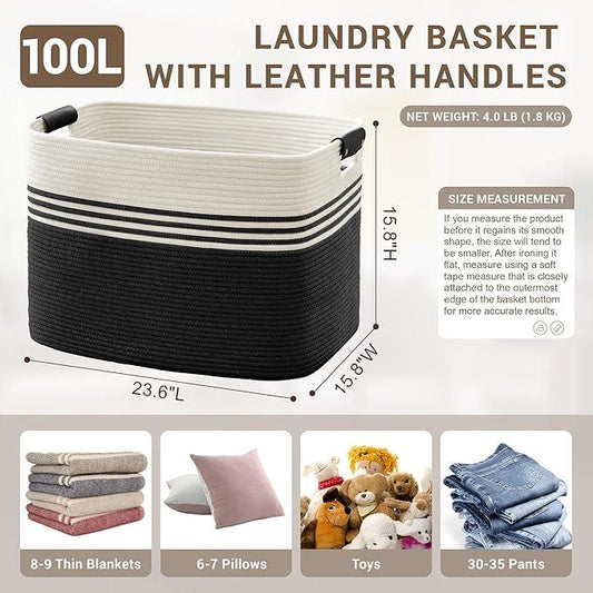 100L Extra Large Laundry Basket with Leather Handles for Living Room Storage, Woven Rope Baskets for Blanket, Kids Toy, Gifts, Wicker Hamper for Bedroom Dirty Clothes, 24"x16"x16" White Black - ModernBath