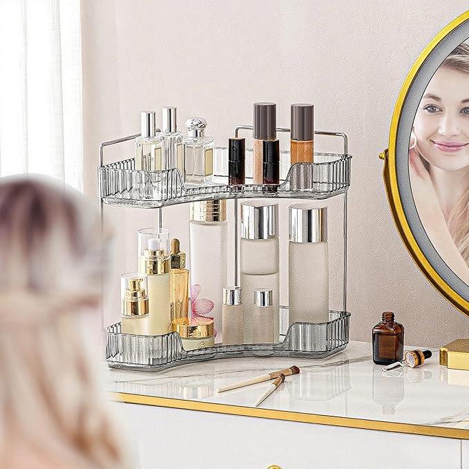 INVSSENE Corner Bathroom Countertop Organizer, 2 Tiers Vanity Trays for Counter, Makeup Organizers, Perfume Tray, Kitchen Spice Rack, Smoky Gray - ModernBath