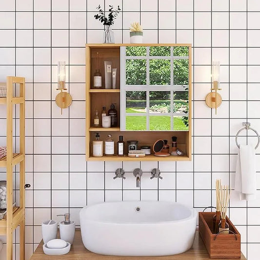 SMIBUY Bathroom Mirror Cabinet Wall Mounted, Bamboo Space Saver Medicine Cabinet, Wall Hanging Over Toilet Storage Cabinet with Mirror Door and Adjustable Shelf (Natural) - ModernBath