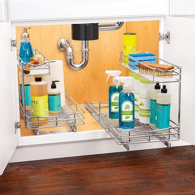 LYNK PROFESSIONAL® Pull Out Under Sink Kitchen Cabinet Organizer - 11.5 in. x 18 inch deep Drawer - Sliding Shelf Organizer for Cabinets and Undersink Storage Shelves - Lifetime Ltd. Warranty – Chrome - ModernBath