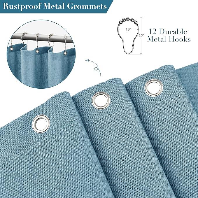 Nanspring Blue Boho Linen Shower Curtain 72 Inch Fabric Textured Elegant Shower Curtain Set with Hooks Simple Aesthetic Bathroom Decor with Hooks Vintage Cottage Bath Curtain for Bathroom 72x72 - ModernBath
