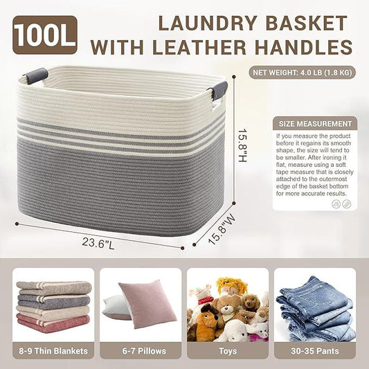 100L Extra Large Laundry Basket with Leather Handles for Living Room Storage, Woven Rope Baskets for Blanket, Kids Toy, Gifts, Wicker Hamper for Bedroom Dirty Clothes, 24"x16"x16" White Grey - ModernBath