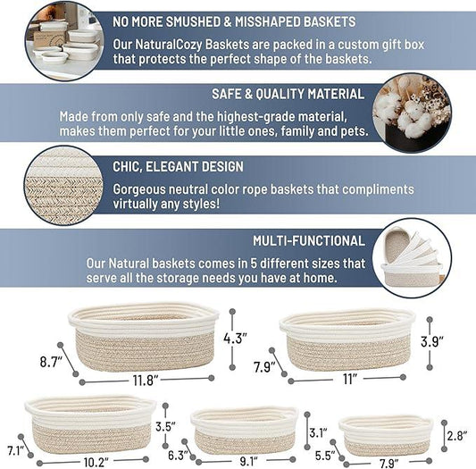 NaturalCozy 5-Piece Rectangle Storage Basket Set- Natural Cotton Rope Woven Baskets for Organizing! Small Basket for Montessori, Baby Nursery, Dog Toy Baskets, Cat Toy Box, Bathroom Organization Bin - ModernBath