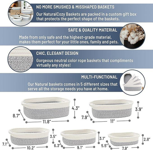 NaturalCozy 5-Piece Rectangle Storage Basket Set- Natural Cotton Rope Woven Baskets for Organizing! Small Basket for Montessori, Baby Nursery, Dog Toy Baskets, Cat Toy Box, Bathroom Organization Bin - ModernBath