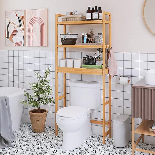 SMIBUY Bathroom Storage Shelf, Bamboo Over-The-Toilet Organizer Rack, Freestanding Toilet Space Saver with 3-Tier Adjustable Shelves (Natural) - ModernBath
