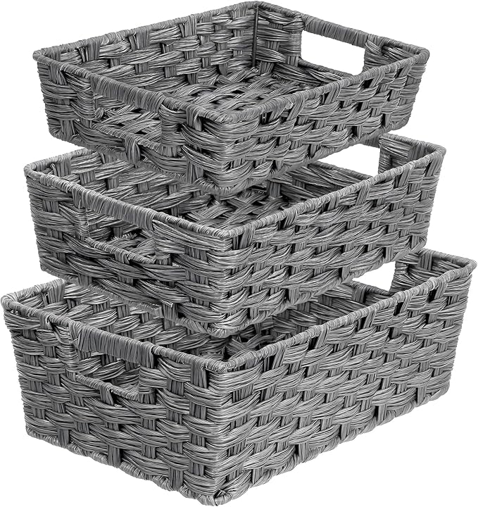 Ferrochef Set of 3 Large Wicker Storage Baskets for Shelves, Wicker Basket for Organizing, Waterproof Woven Baskets for Shelves and Pantry, Toilet, Bathroom, Bedroom, Patio(Gray)