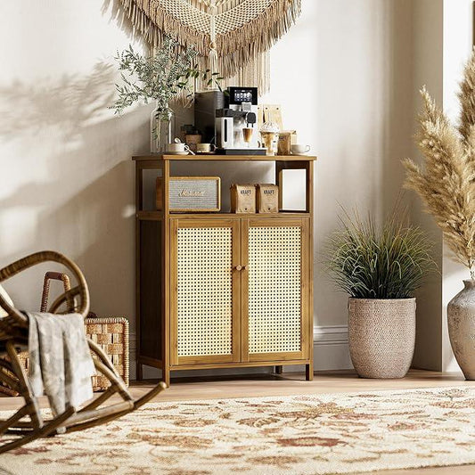 HITNET Rattan Bathroom Floor Cabinet, Freestanding Bamboo Storage Cupboard with 2 Doors, Living Room Sideboard, Space Saving, Walnut - ModernBath
