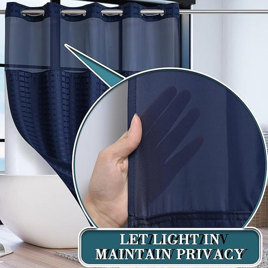 Conbo Mio Extra Long No Hook Shower Curtain with Snap in Liner Set, Hotel Luxury Navy Blue Shower Curtains for Bathroom with See Through Top Window, Waterproof, Washable 71W x 84H - ModernBath