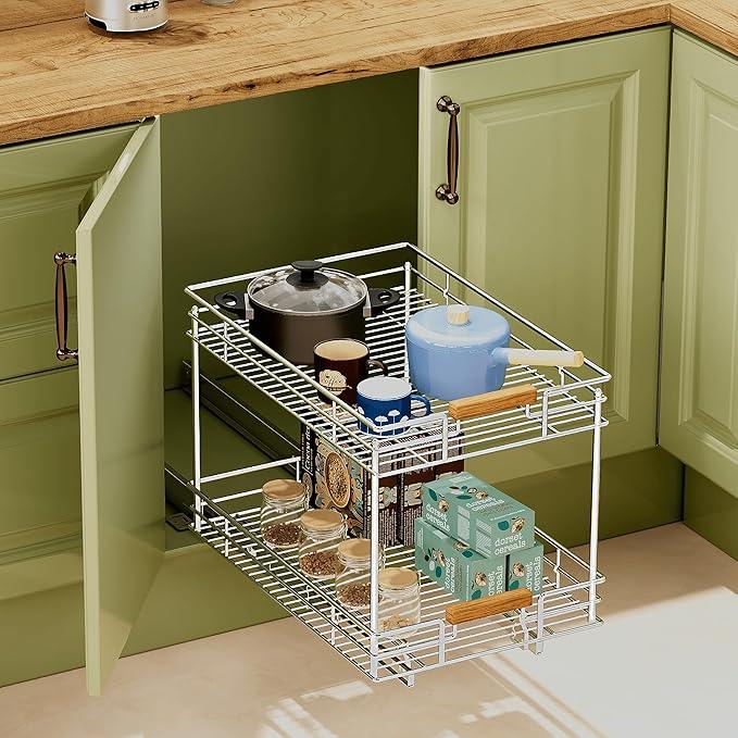 Pull Out Cabinet Organizer(14" W x 21" D), 2 Tier Slide Out Shelves with Wood Handle, Sliding Drawer Pull Storage Shelf for 15-1/4” Cabinet Opening, Chrome - ModernBath