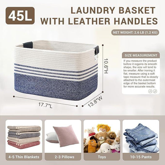 45L Small Laundry Basket with Leather Handles for Living Room Storage, Woven Rope Baskets Bin for Blanket, Kids Toy, Gifts, Wicker Hamper for Bedroom Dirty Clothes, 18"x14"x11" Denim Blue - ModernBath
