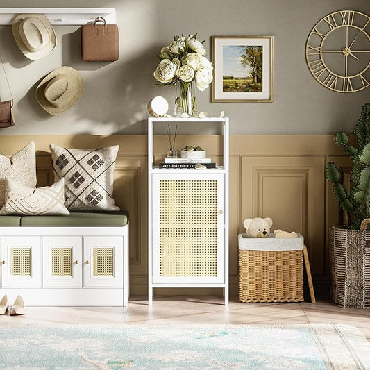 HITNET Bamboo Cabinet, Bathroom Storage Cabinet with Rattan Doors, Narrow Side Storage Organizer Freestanding Floor Cupboard for Small Space, White