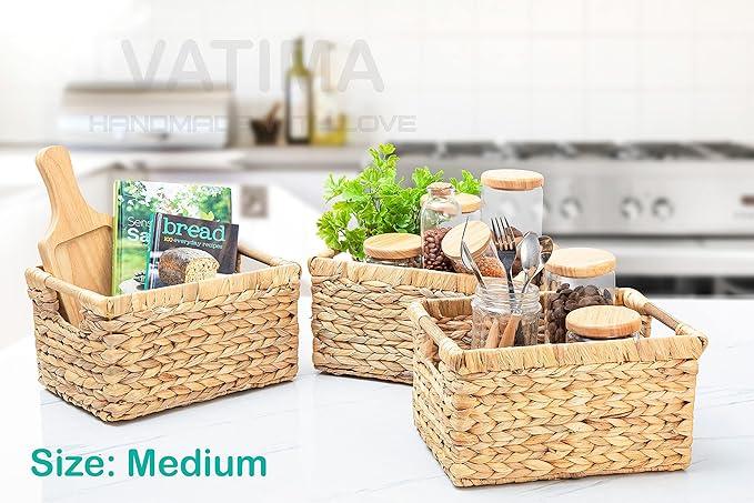 Water Hyacinth Storage Baskets with Wooden Handles, Rectangular Woven Organizer Bins for Closet, Pantry, Bathroom, or Shelves, Natural Decorative Storage Baskets for Home Organization – Set of 3 - ModernBath