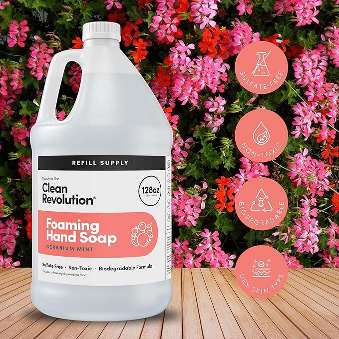 Clean Revolution Foaming Hand Soap Refill Supply Container, Ready to Use Formula, Gluten Free, Geranium Mint Fragrance, 128 Fl. Oz, 4 Pack - Made in USA - ModernBath
