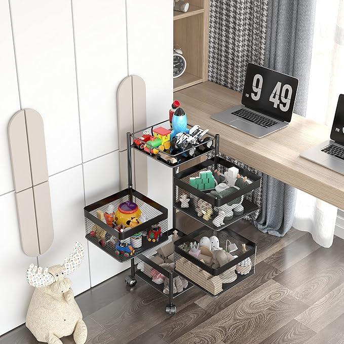 Rotating Kitchen Storage Rack,Bathroom Shelf,Kitchen Organization and Storage,Bathroom Storage Organizer,Fruit Basket,Rolling Carts with Wheels(Black, 4 Tier-Square) - ModernBath