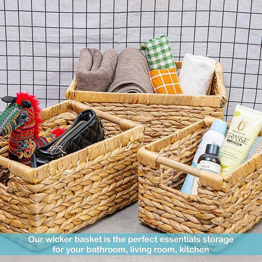 Water Hyacinth Storage Baskets with Wooden Handles, Rectangular Woven Organizer Bins for Closet, Pantry, Bathroom, or Shelves, Natural Decorative Storage Baskets for Home Organization – Set of 3 - ModernBath