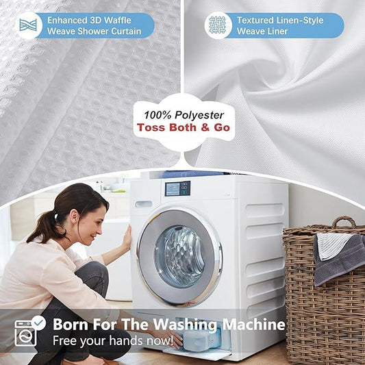 VANZAVANZU Luxury 3 in 1 Shower Curtain Set 3D Textured Waffle Weave Bathroom Curtain with Waterproof SGS Certified Fabric Liner & 12 Anti-Fall Stainless Steel Hooks, Machine Washable 72"x72" (White) - ModernBath