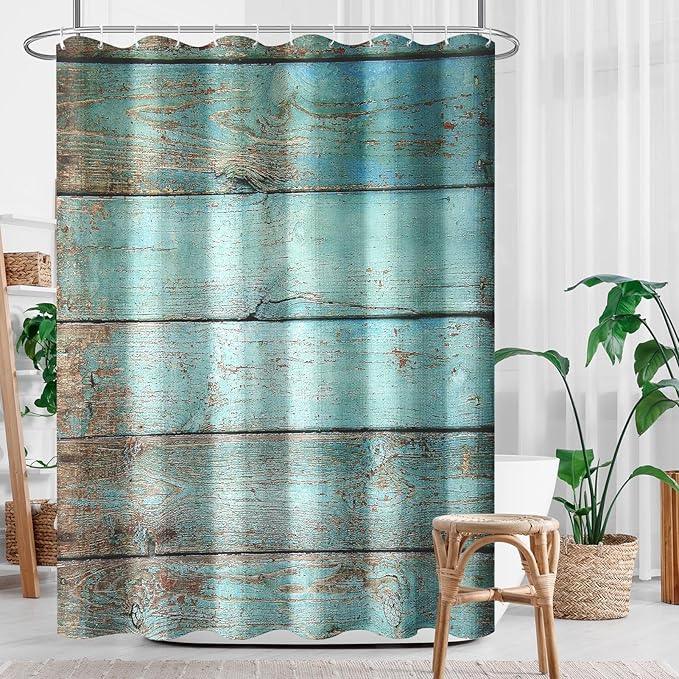 Culudea Turquoise Wooden Shower Curtain Set, Teal Green Blue Bathroom Window Waterproof Shower Curtain Set for Bathroom Decor - ModernBath