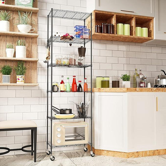 Homdox 6-Tier Storage Shelf Wire Shelving Unit Free Standing Rack Organization with Caster Wheels, Stainless Side Hooks, Black - ModernBath