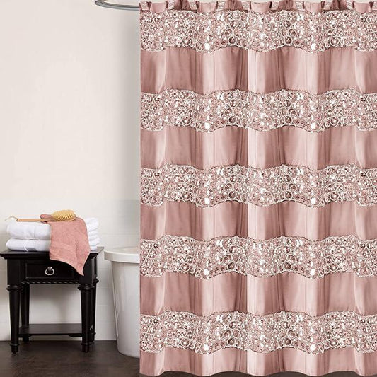 Zahari Home 13pc Sinatra Bathroom Shower Curtain Set - Blush Luxury Fabric With 12 Hooks - Unique Design Bling - ModernBath