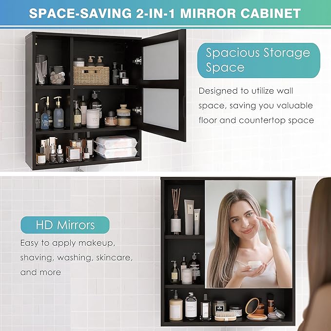 SMIBUY Bathroom Mirror Cabinet Wall Mounted, Bamboo Space Saver Medicine Cabinet, Wall Hanging Over Toilet Storage Cabinet with Mirror Door and Adjustable Shelf (Black)